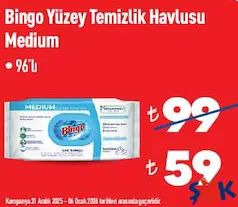 BİNGO YÜZEY TEMİZLİK HAVLUSU MEDİUM 96'LI fiyat ve kampanya bilgisi